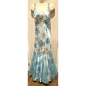 Y2K Mac Duggal Satin Tulle Blue Mermaid Gown Sweetheart Neckline Sequin Bodice 6